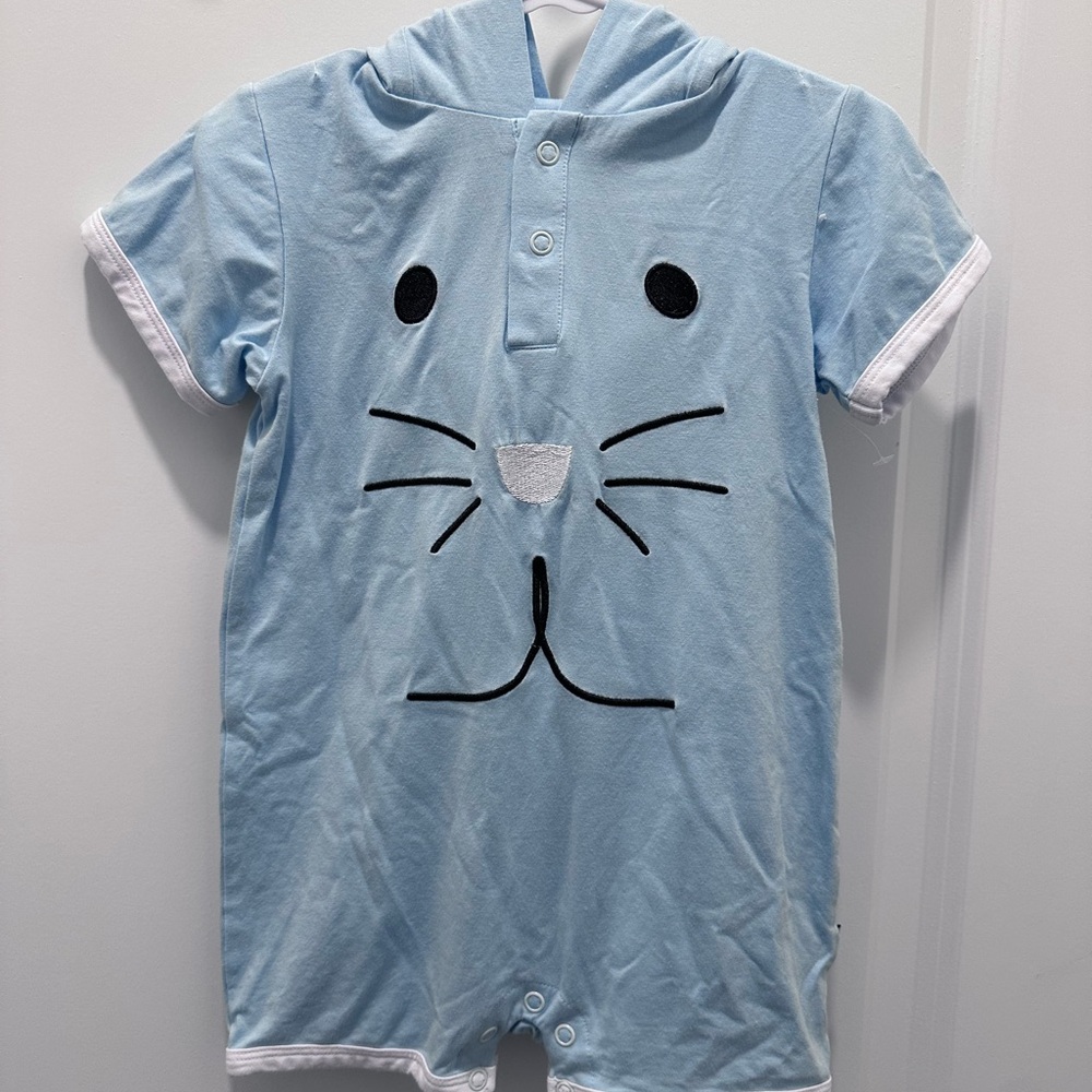 Baby Blue Bunny Face Hooded One-Piece Bamboo Romper